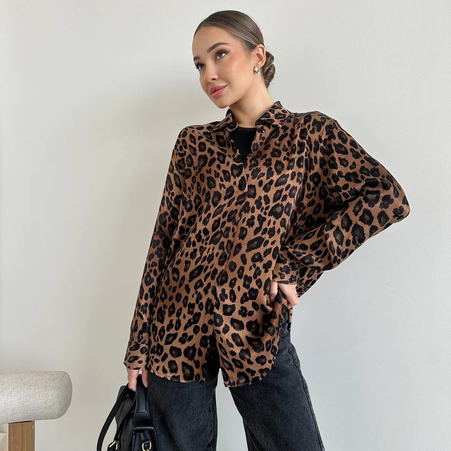 Designsoo Hong Kong Style Long Sleeve Leopard Print Shirt