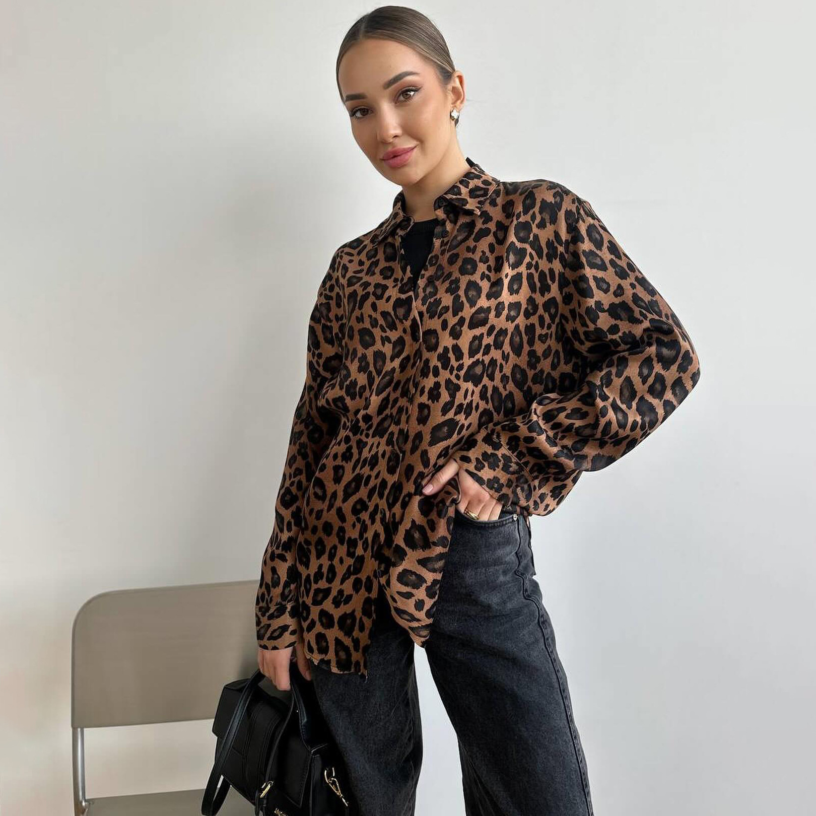 Designsoo Hong Kong Style Long Sleeve Leopard Print Shirt