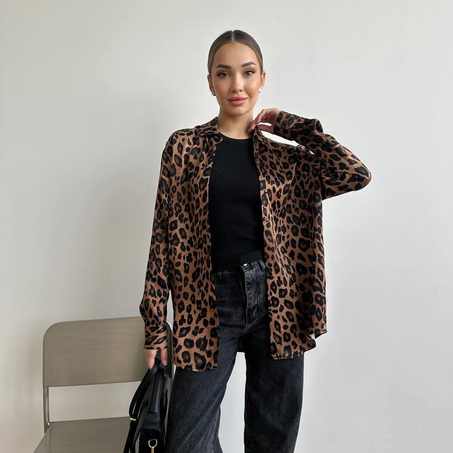 Designsoo Hong Kong Style Long Sleeve Leopard Print Shirt