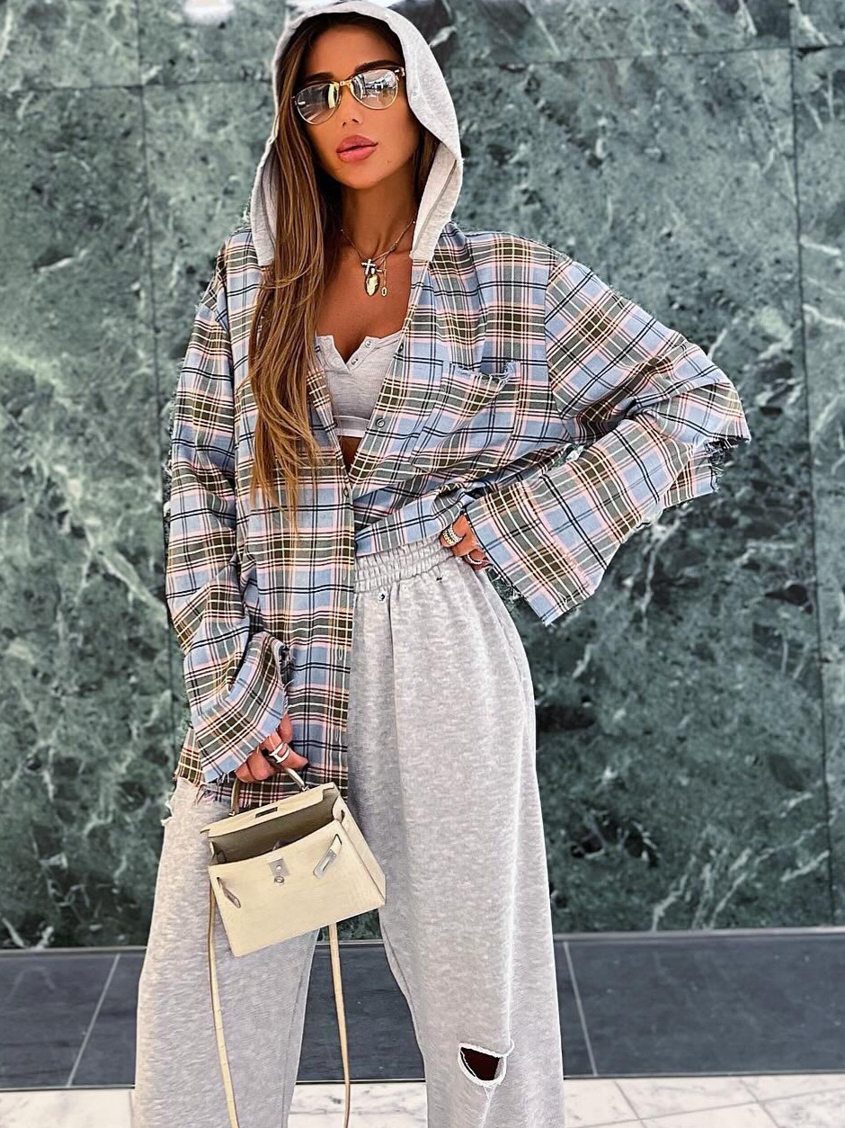 Designsoo Hooded Plaid Shirt