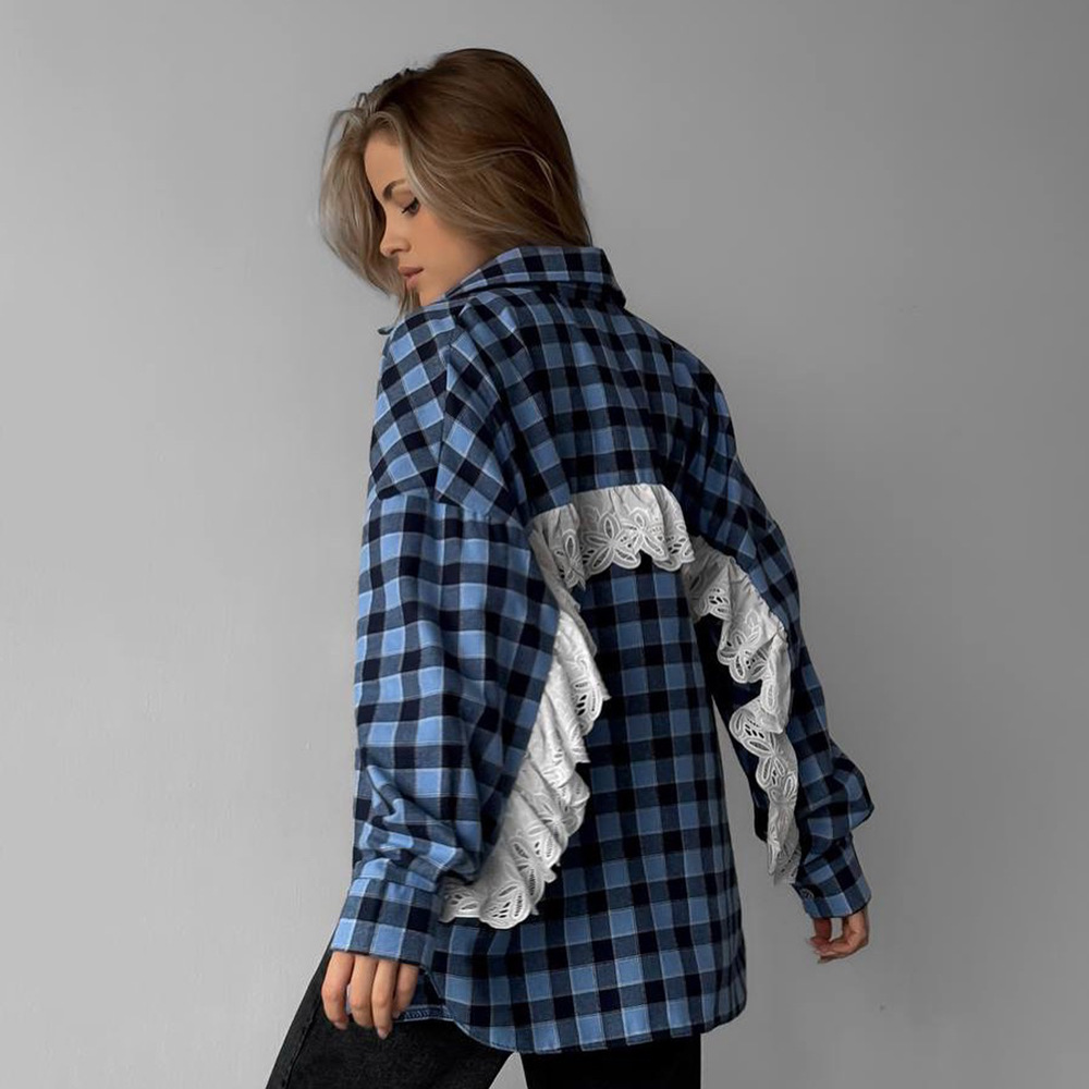 Designsoo Lace-Trimmed Plaid Shirt for Women with Edgy Style