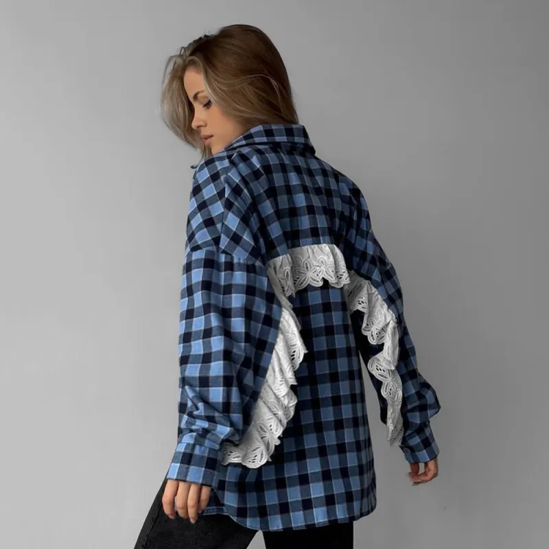 Lace-Trimmed Plaid Shirt for Women with Edgy Style