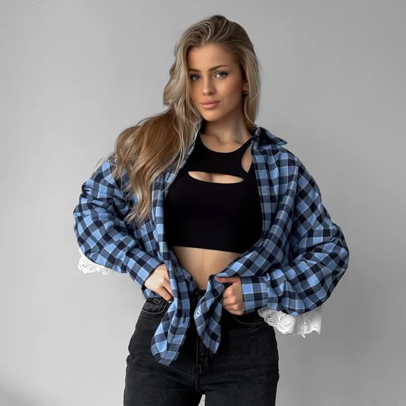 Lace-Trimmed Plaid Shirt for Women with Edgy Style
