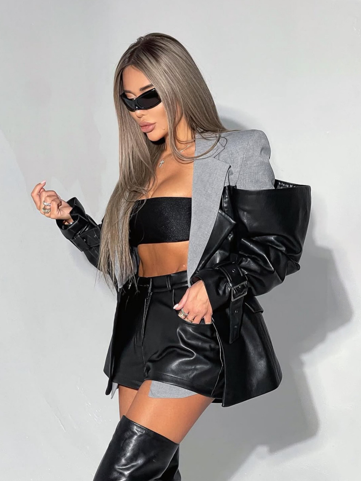 Designsoo Leather Patchwork Blazer