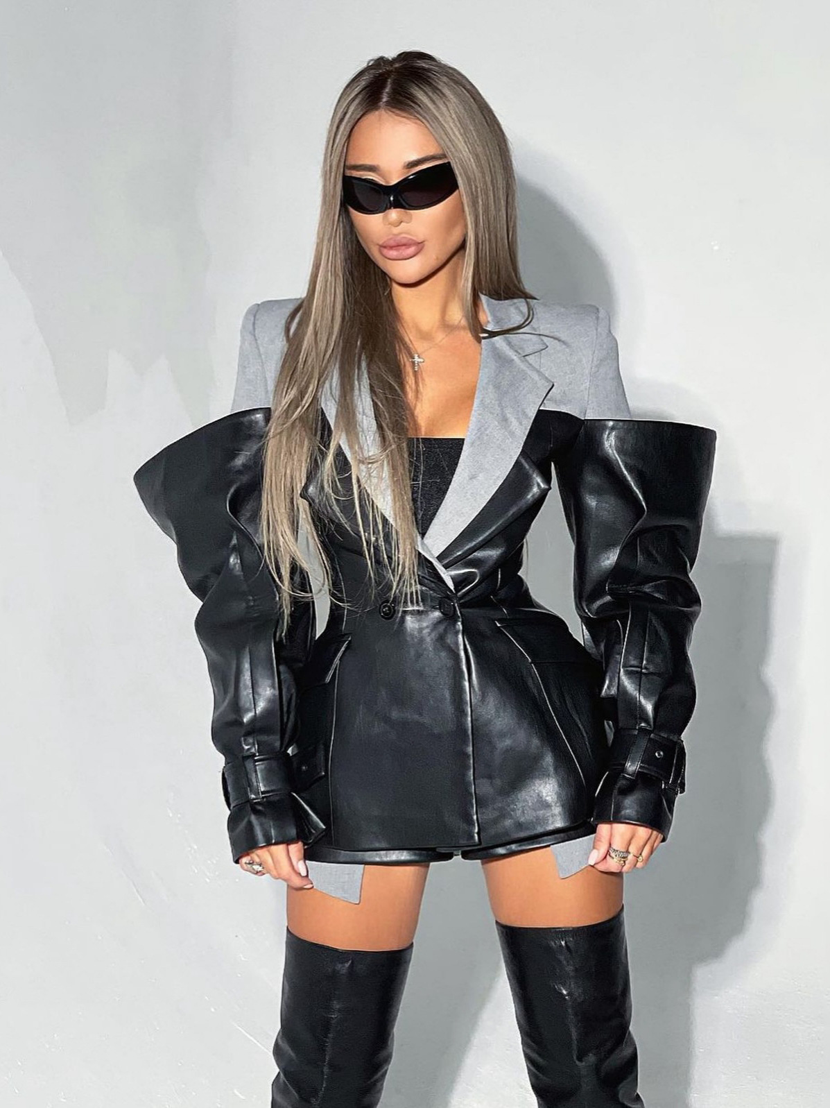 Designsoo Leather Patchwork Blazer