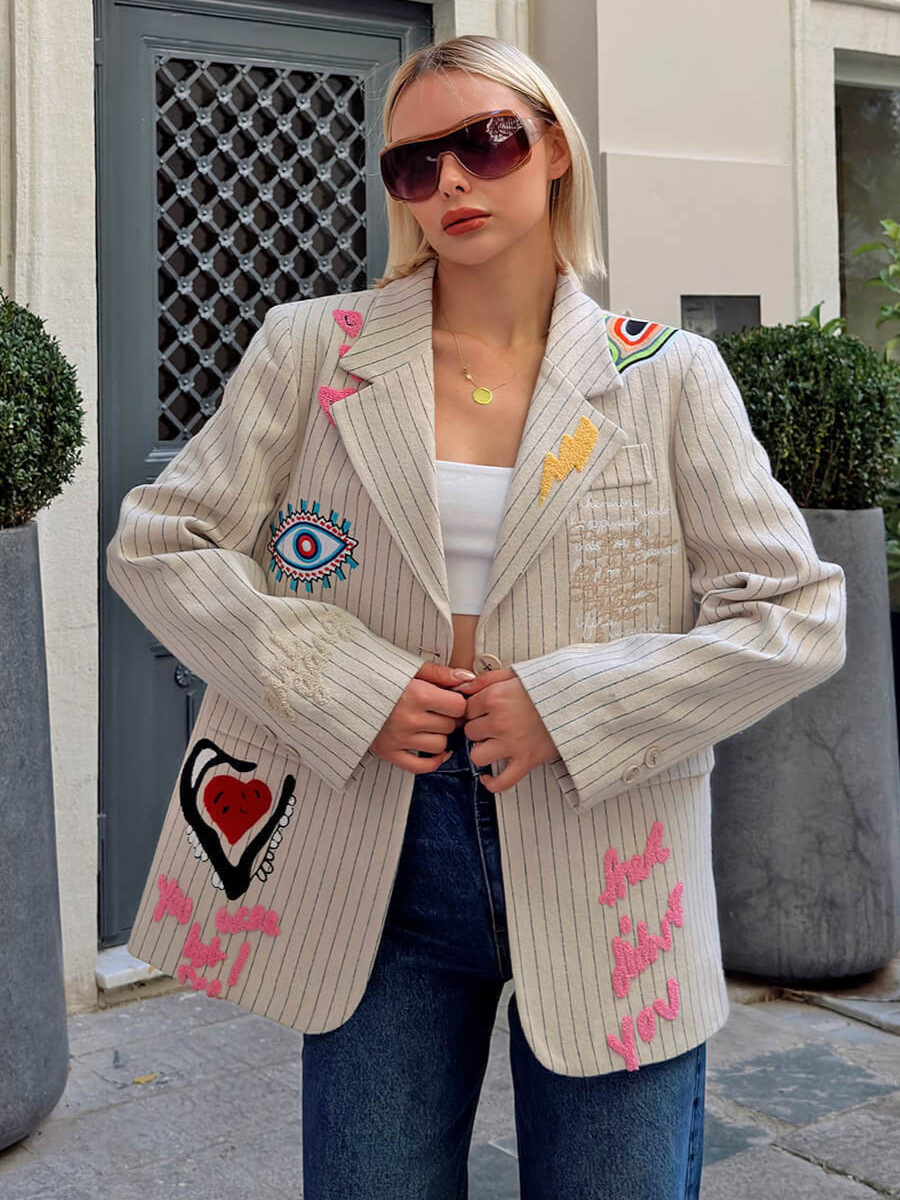 Patchwork Stripe Blazer with Unique Patches