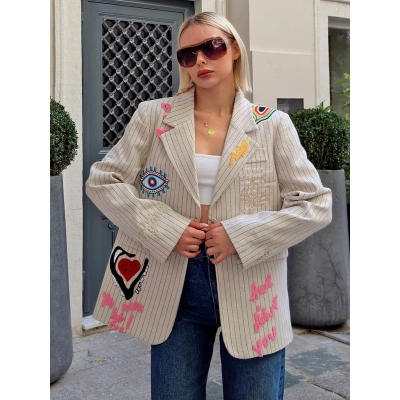 Patchwork Stripe Blazer with Unique Patches 01