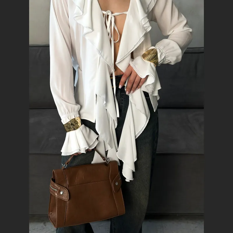 Ruffled Bell Sleeve Milk Silk Blouse