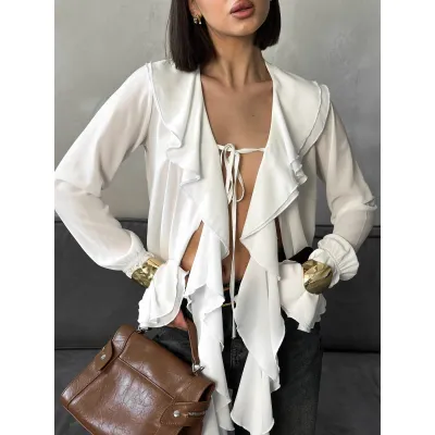 Ruffled Bell Sleeve Milk Silk Blouse 02