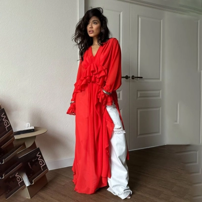 Designsoo Ruffled V-Neck Asymmetric Hem Floor-Length Chiffon Blouse 02