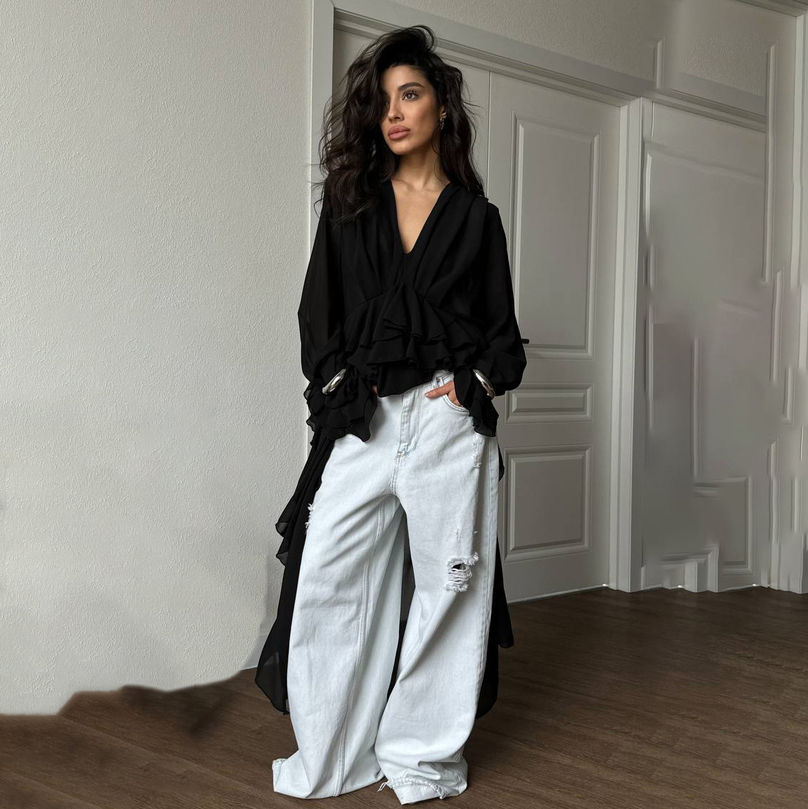 Designsoo Ruffled V-Neck Asymmetric Hem Floor-Length Chiffon Blouse