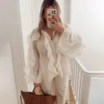 Solid Color Elegant Chiffon Ruffle Long Sleeve Blouse