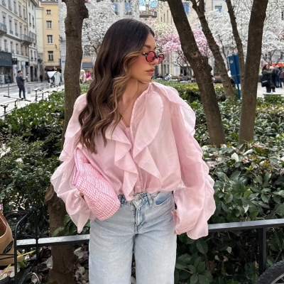 Designsoo Solid Color Elegant Chiffon Ruffle Long Sleeve Blouse 02