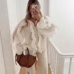 Solid Color Elegant Chiffon Ruffle Long Sleeve Blouse
