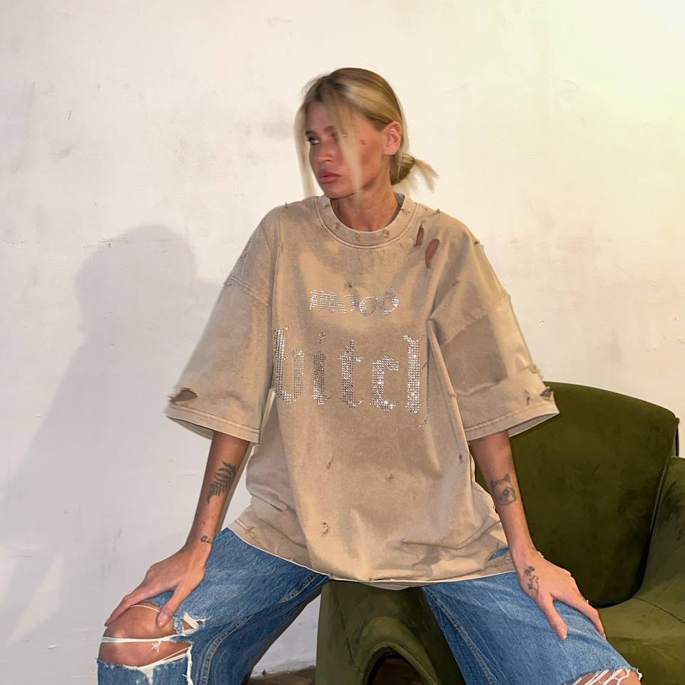 Designsoo Women's Spicy Girl Rhinestone Letter T-Shirt Loose Fit Short Sleeve Top