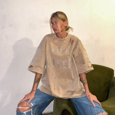 Designsoo Women's Spicy Girl Rhinestone Letter T-Shirt Loose Fit Short Sleeve Top 01