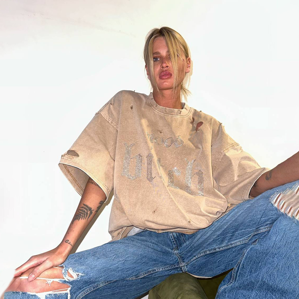 Designsoo Women's Spicy Girl Rhinestone Letter T-Shirt Loose Fit Short Sleeve Top