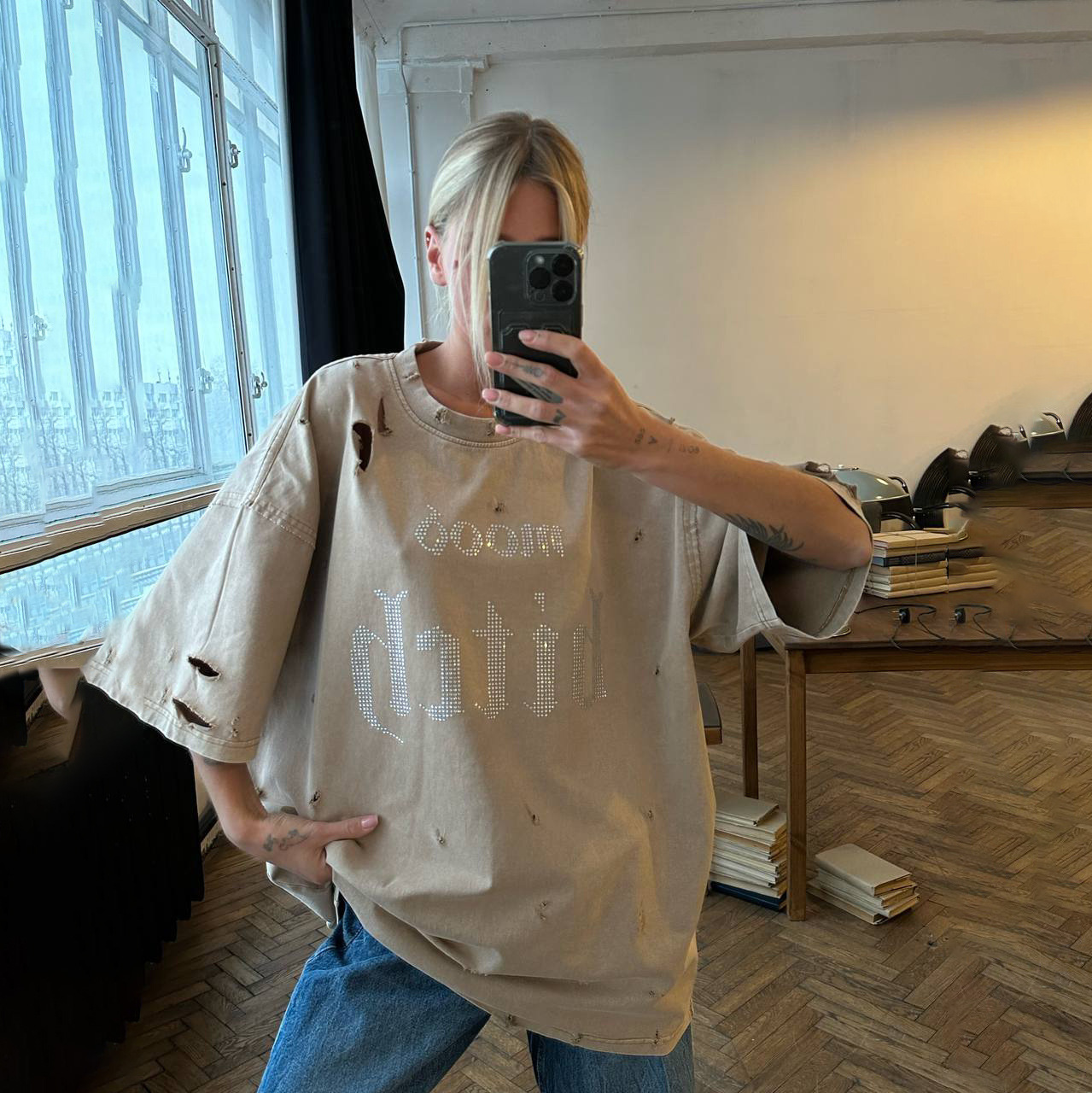 Designsoo Women's Spicy Girl Rhinestone Letter T-Shirt Loose Fit Short Sleeve Top