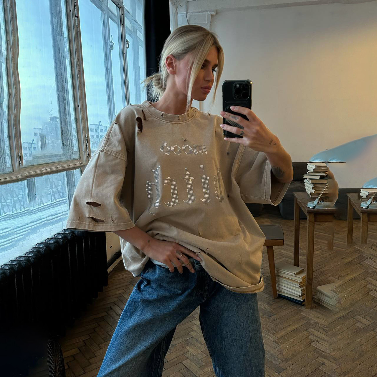 Designsoo Women's Spicy Girl Rhinestone Letter T-Shirt Loose Fit Short Sleeve Top