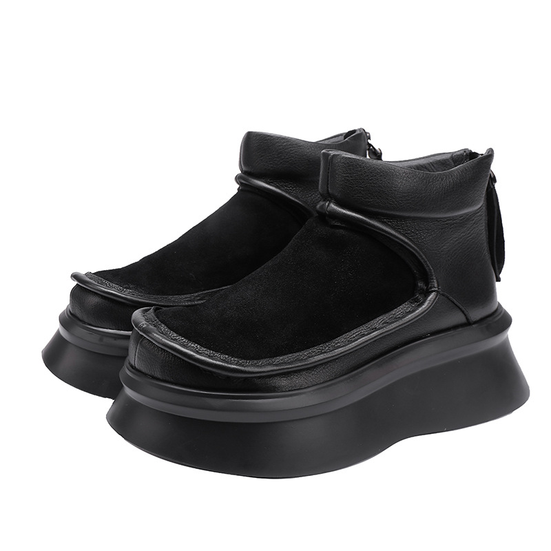 Designsoo Burnished Genuine Leather High-End Fashion Thick Sole Lightweight Soft Casual Vintage Short Boots