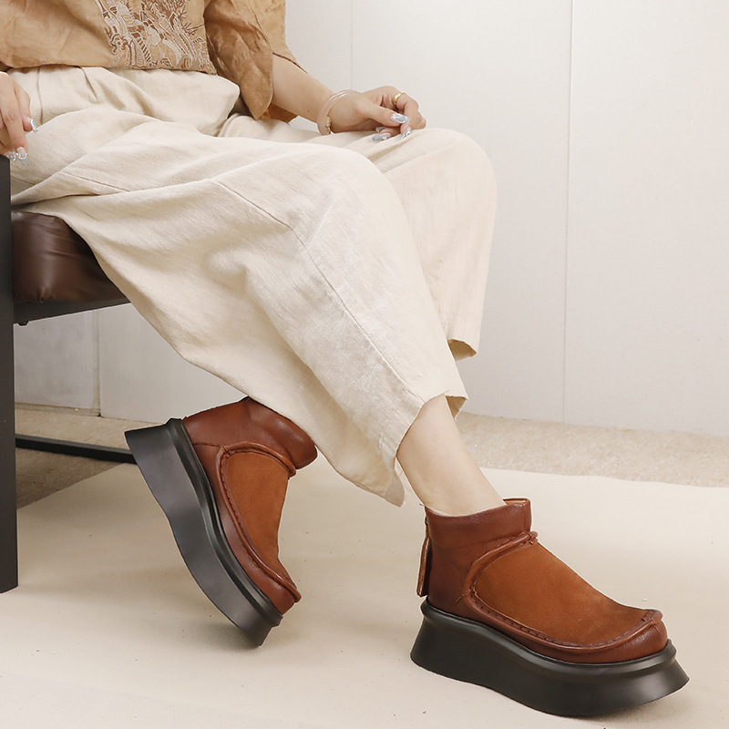Designsoo Burnished Genuine Leather High-End Fashion Thick Sole Lightweight Soft Casual Vintage Short Boots