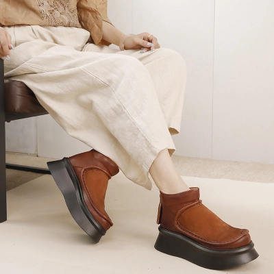 Designsoo Burnished Genuine Leather High-End Fashion Thick Sole Lightweight Soft Casual Vintage Short Boots 02