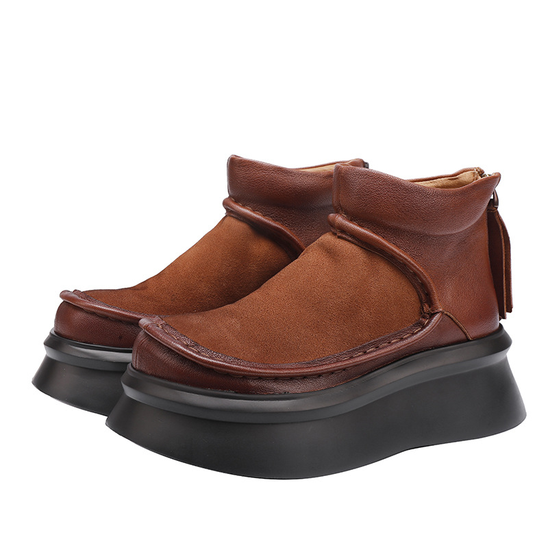 Designsoo Burnished Genuine Leather High-End Fashion Thick Sole Lightweight Soft Casual Vintage Short Boots