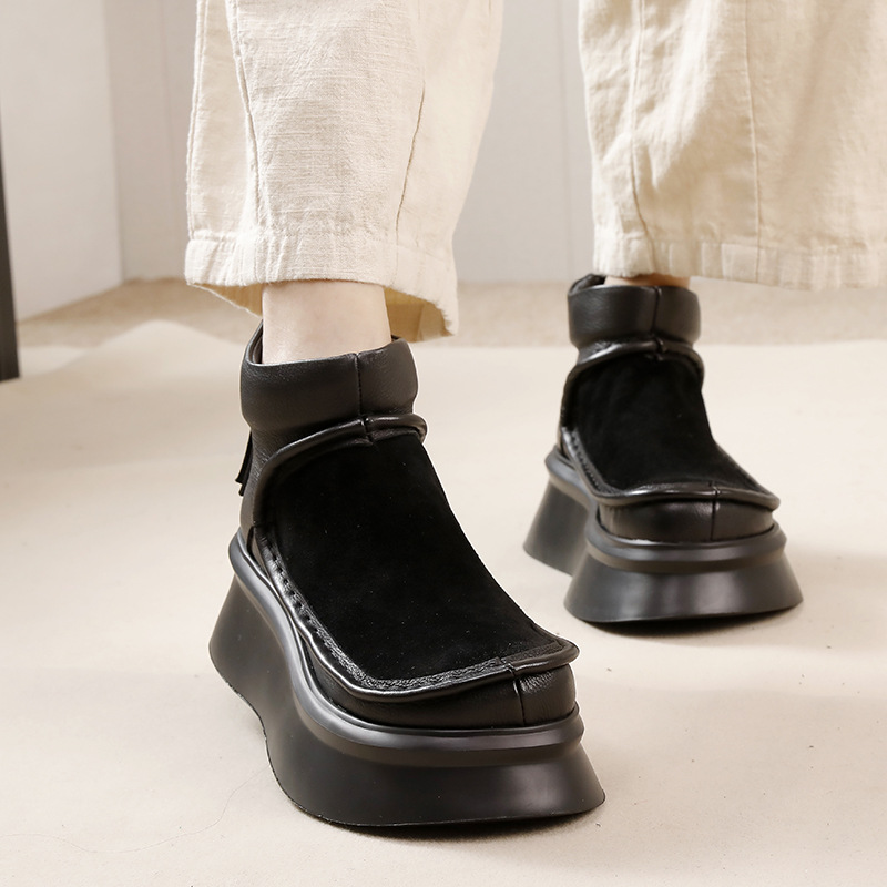 Designsoo Burnished Genuine Leather High-End Fashion Thick Sole Lightweight Soft Casual Vintage Short Boots