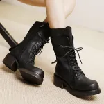 Burnished Top Grain Leather Mid-Calf Martin Boots with Thick Sole