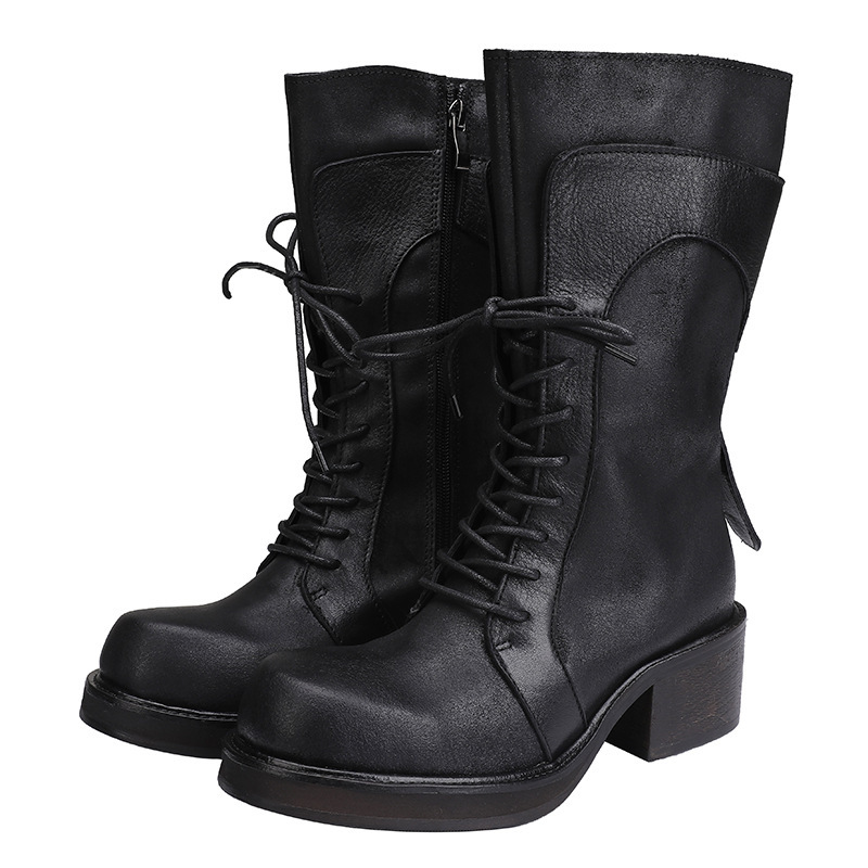 Designsoo Burnished Top Grain Leather Mid-Calf Martin Boots with Thick Sole