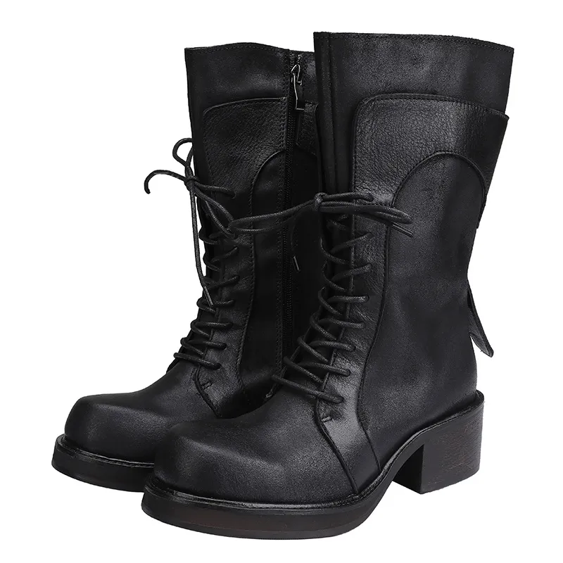 Burnished Top Grain Leather Mid-Calf Martin Boots with Thick Sole