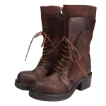 Burnished Top Grain Leather Mid-Calf Martin Boots with Thick Sole