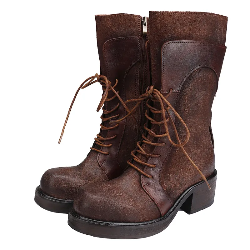 Burnished Top Grain Leather Mid-Calf Martin Boots with Thick Sole