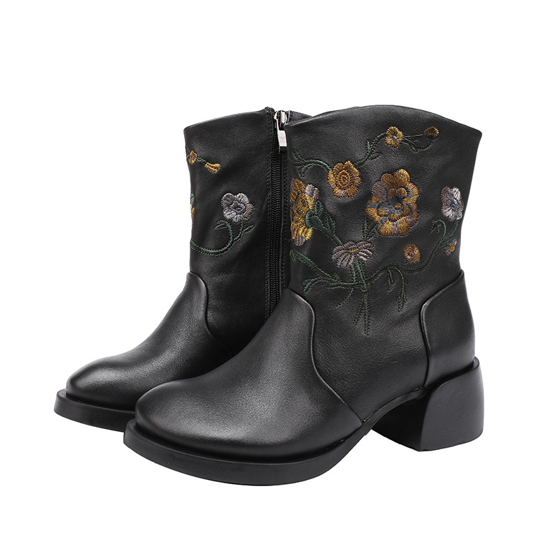 Designsoo Embroidered Ethnic Style Handcrafted Vintage Soft Cowhide Wide Shaft Single Boots
