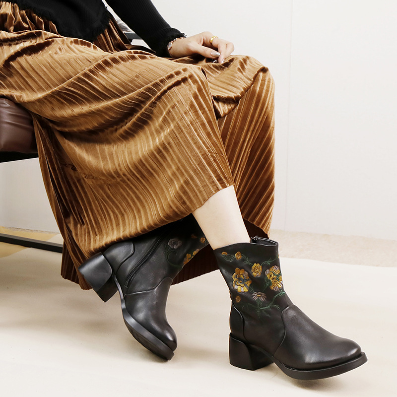 Designsoo Embroidered Ethnic Style Handcrafted Vintage Soft Cowhide Wide Shaft Single Boots