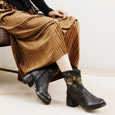 Designsoo Embroidered Ethnic Style Handcrafted Vintage Soft Cowhide Wide Shaft Single Boots 02