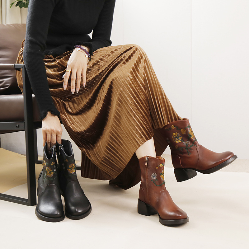 Designsoo Embroidered Ethnic Style Handcrafted Vintage Soft Cowhide Wide Shaft Single Boots