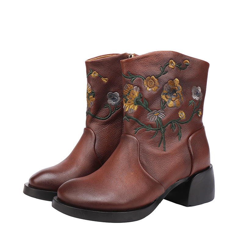 Designsoo Embroidered Ethnic Style Handcrafted Vintage Soft Cowhide Wide Shaft Single Boots