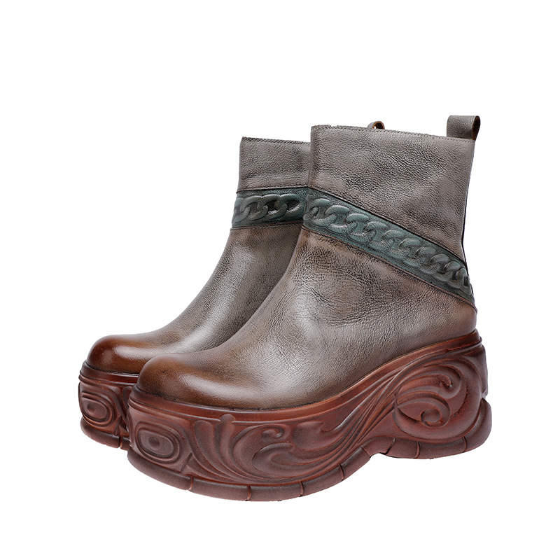 Designsoo Fashionable Vintage Chinese Style Thick Sole Cowhide Short Boots