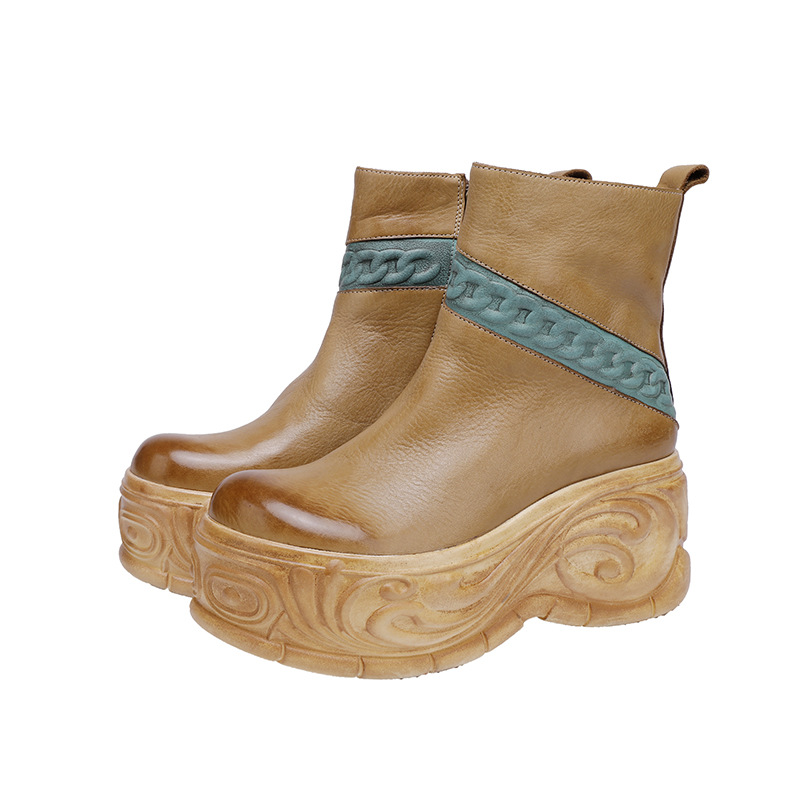 Designsoo Fashionable Vintage Chinese Style Thick Sole Cowhide Short Boots