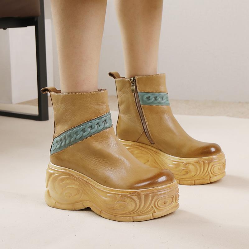 Designsoo Fashionable Vintage Chinese Style Thick Sole Cowhide Short Boots