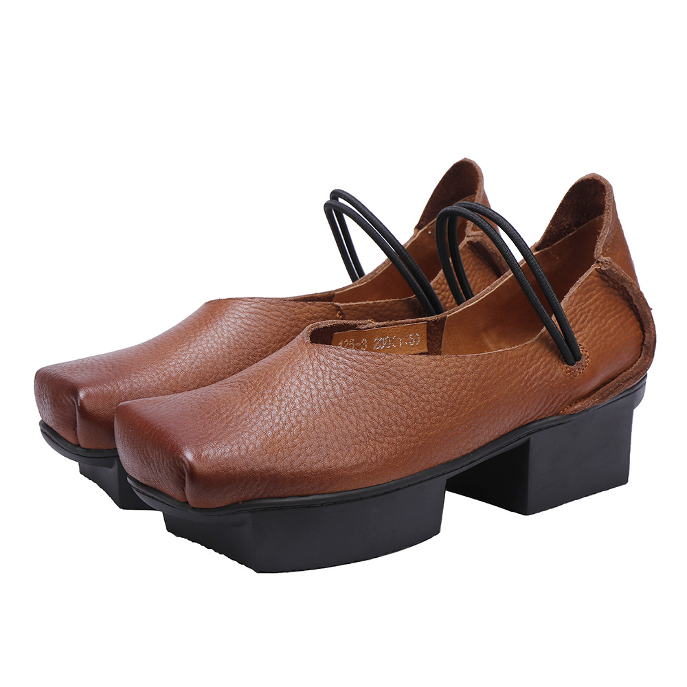 Designsoo Full Grain Leather Vintage Court Sole Mid Heel Square Toe Buckle Strap Elegant Single Shoes