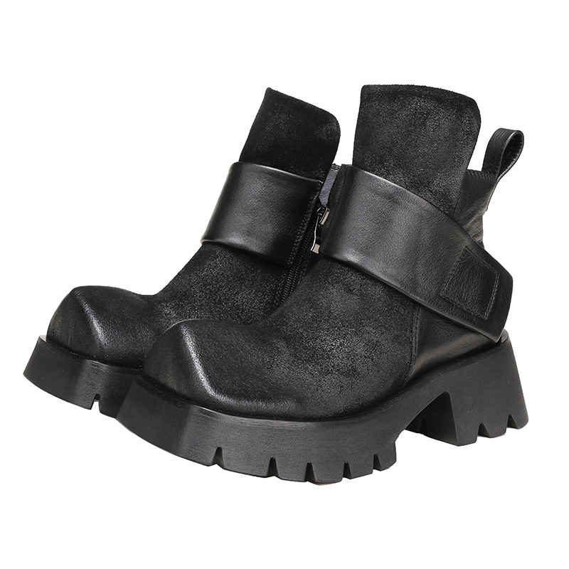 Designsoo Genuine Leather Slimming Hook-and-Loop Strap Short Boots