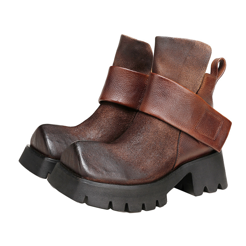 Designsoo Genuine Leather Slimming Hook-and-Loop Strap Short Boots