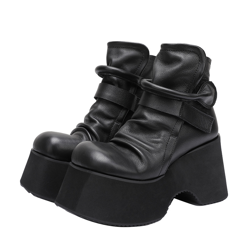 Designsoo Genuine Leather Thick Sole Boots with Vintage Wedge, Round Toe, and Hook-and-Loop Straps