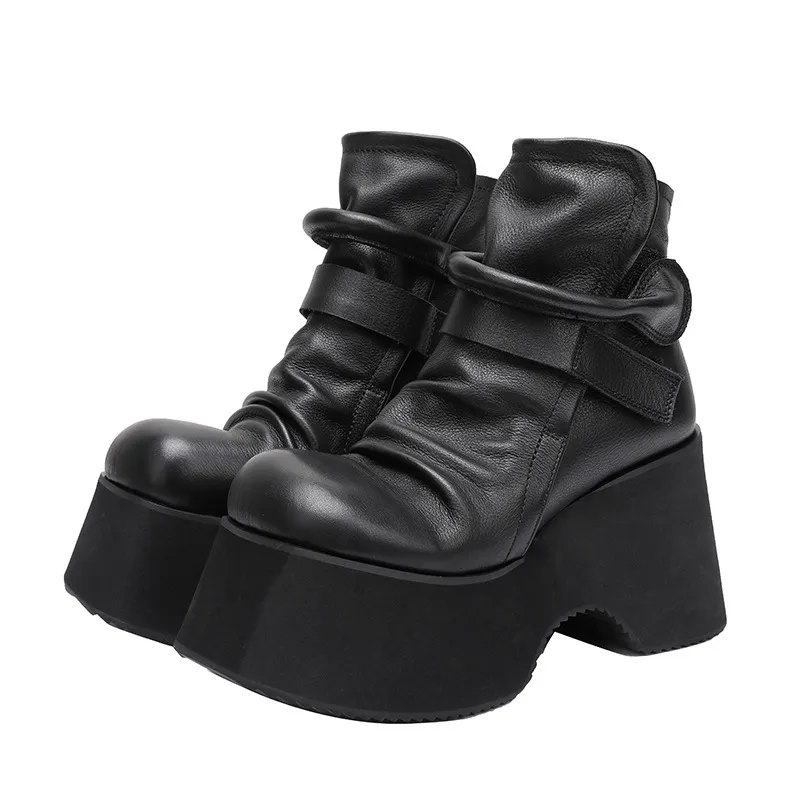 Genuine Leather Thick Sole Boots with Vintage Wedge, Round Toe, and Hook-and-Loop Straps