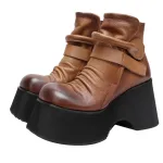 Genuine Leather Thick Sole Boots with Vintage Wedge, Round Toe, and Hook-and-Loop Straps