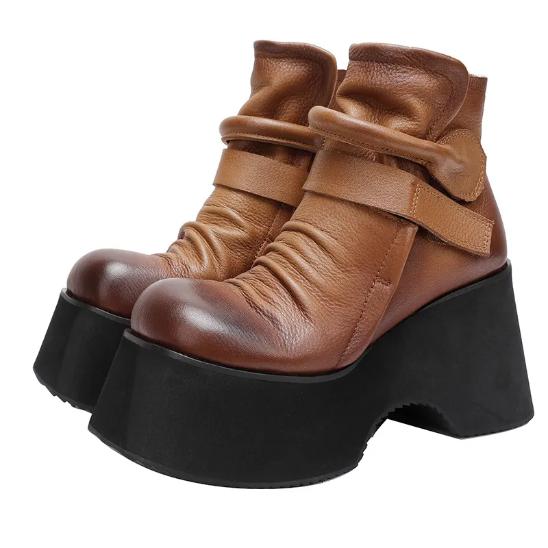 Genuine Leather Thick Sole Boots with Vintage Wedge, Round Toe, and Hook-and-Loop Straps