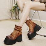 Designsoo Genuine Leather Thick Sole Boots with Vintage Wedge, Round Toe, and Hook-and-Loop Straps