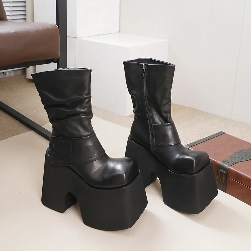 High Heel Top Grain Leather Mid-Calf Boots
